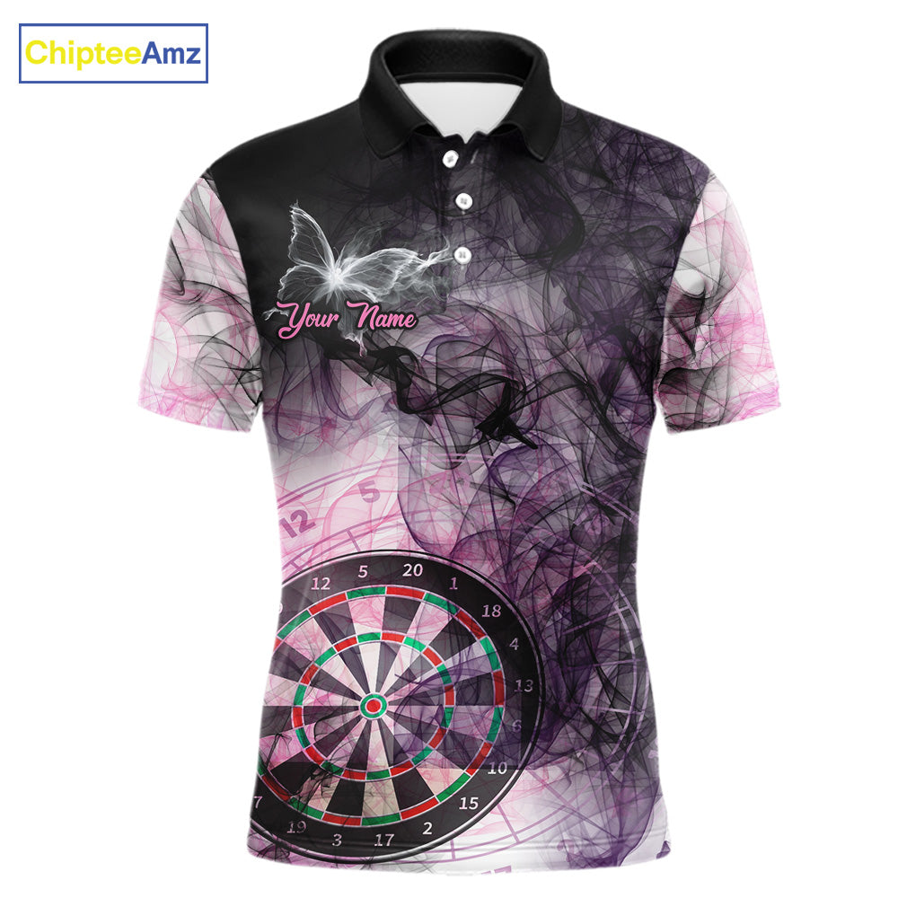 Pink butterfly smoke darts polo shirt for men with custom darts team graphics.