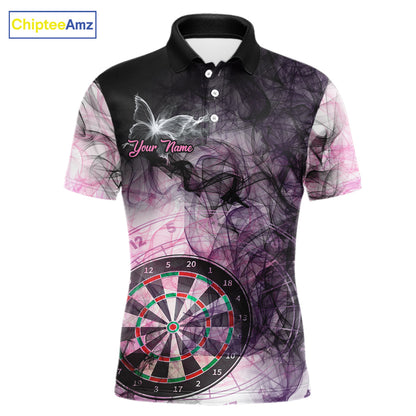 Pink butterfly smoke darts polo shirt for men with custom darts team graphics.