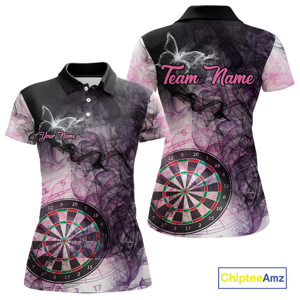 Pink butterfly smoke darts polo shirt for women with custom darts team graphics.