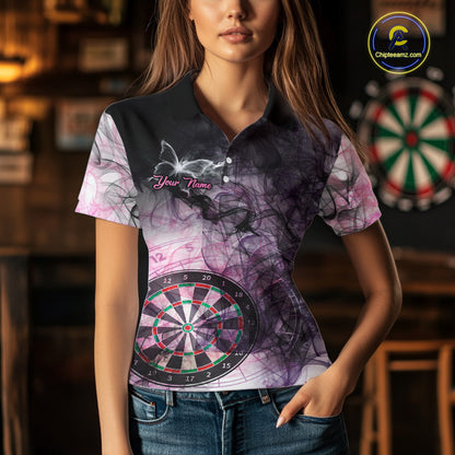Woman wearing a pink butterfly smoke darts jersey front view.