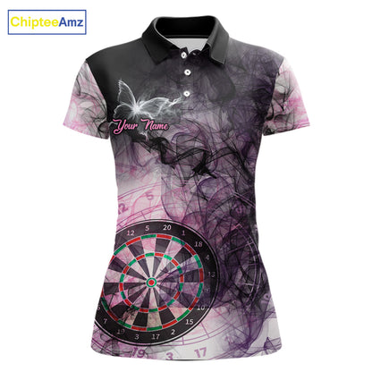 Pink butterfly smoke darts polo shirt for women with custom darts team graphics.