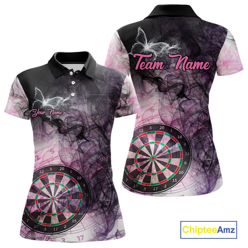 Pink butterfly smoke darts polo shirt with left chest pocket for women featuring custom darts team graphics.