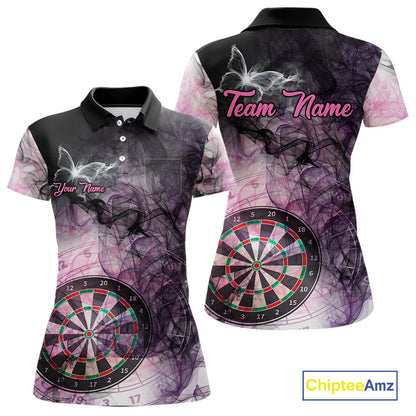 Pink butterfly smoke darts polo shirt with left chest pocket for women featuring custom darts team graphics.