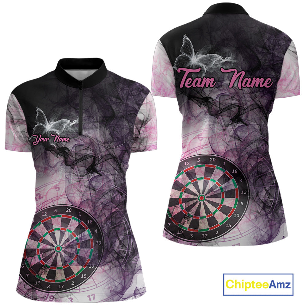 Pink butterfly smoke darts quarter zip shirt with left chest pocket for women featuring custom darts team graphics.