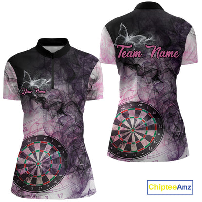 Pink butterfly smoke darts quarter zip shirt with left chest pocket for women featuring custom darts team graphics.