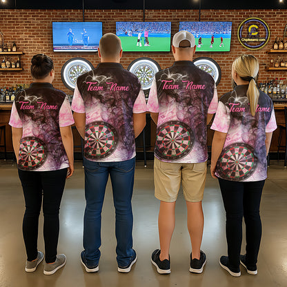 Back view of darts players wearing matching pink butterfly smoke darts shirts.