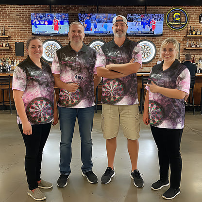 Darts team wearing matching pink butterfly smoke darts jerseys during league competit
