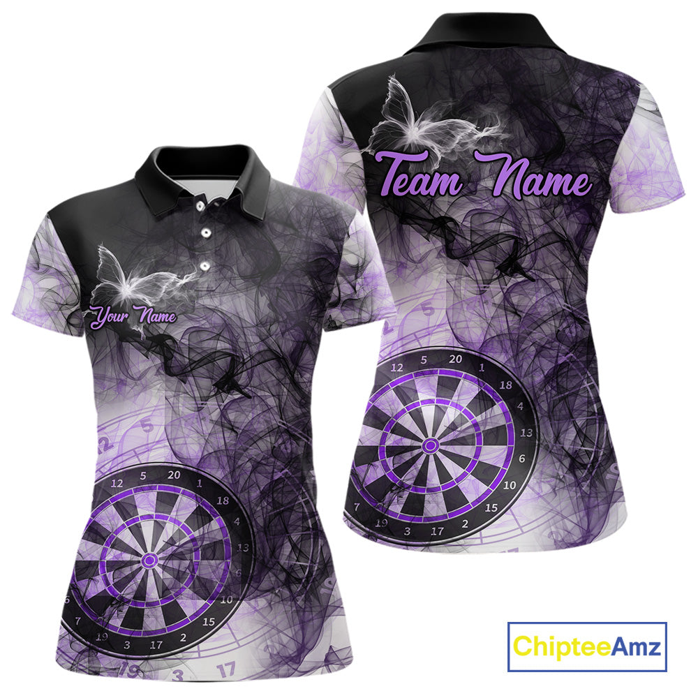 Purple butterfly smoke darts polo shirt for women with custom darts team graphics.
