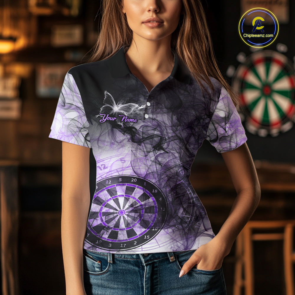 Woman wearing a purple butterfly smoke darts jersey front view.