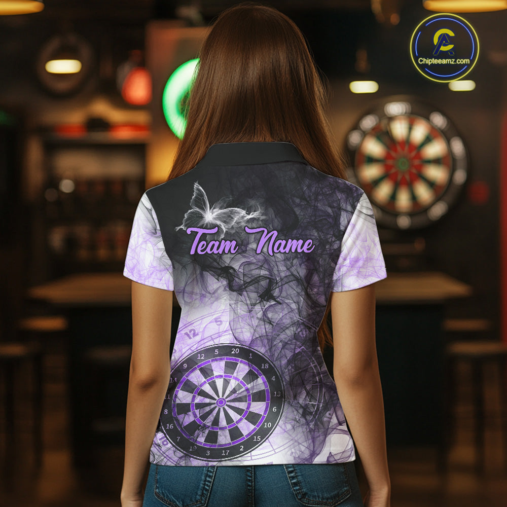 Back view of woman wearing a purple butterfly smoke darts shirt.