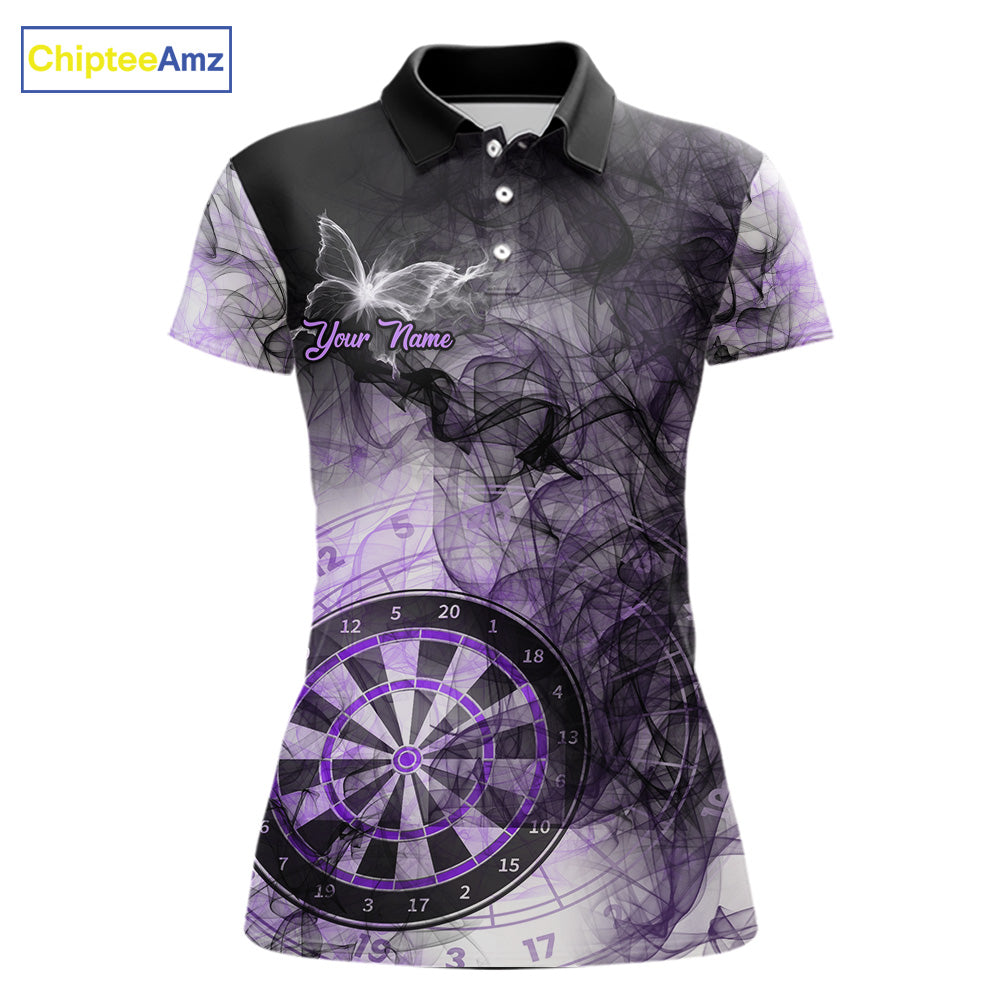Purple butterfly smoke darts polo shirt for women with custom darts team graphics.