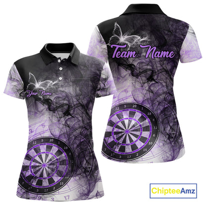 Purple butterfly smoke darts polo shirt with left chest pocket for women featuring custom darts team graphics.