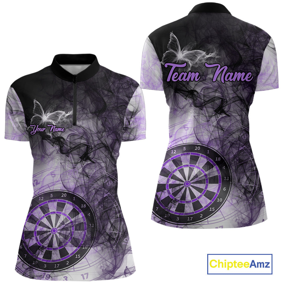 Purple butterfly smoke darts quarter zip shirt for women designed for league tournaments and team events.