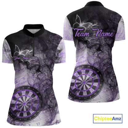 Purple butterfly smoke darts quarter zip shirt for women designed for league tournaments and team events.