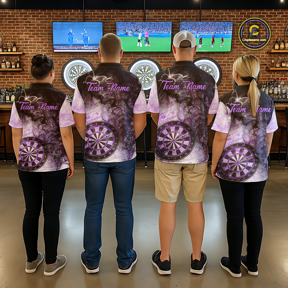 Back view of darts players wearing matching purple butterfly smoke darts shirts.