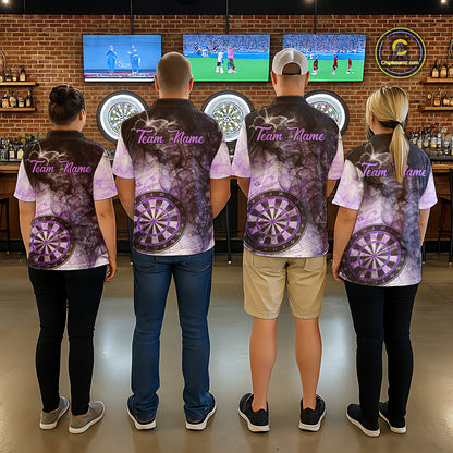 Back view of darts players wearing matching purple butterfly smoke darts shirts.
