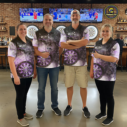 Darts team wearing matching purple butterfly smoke darts jerseys during league competition front view.