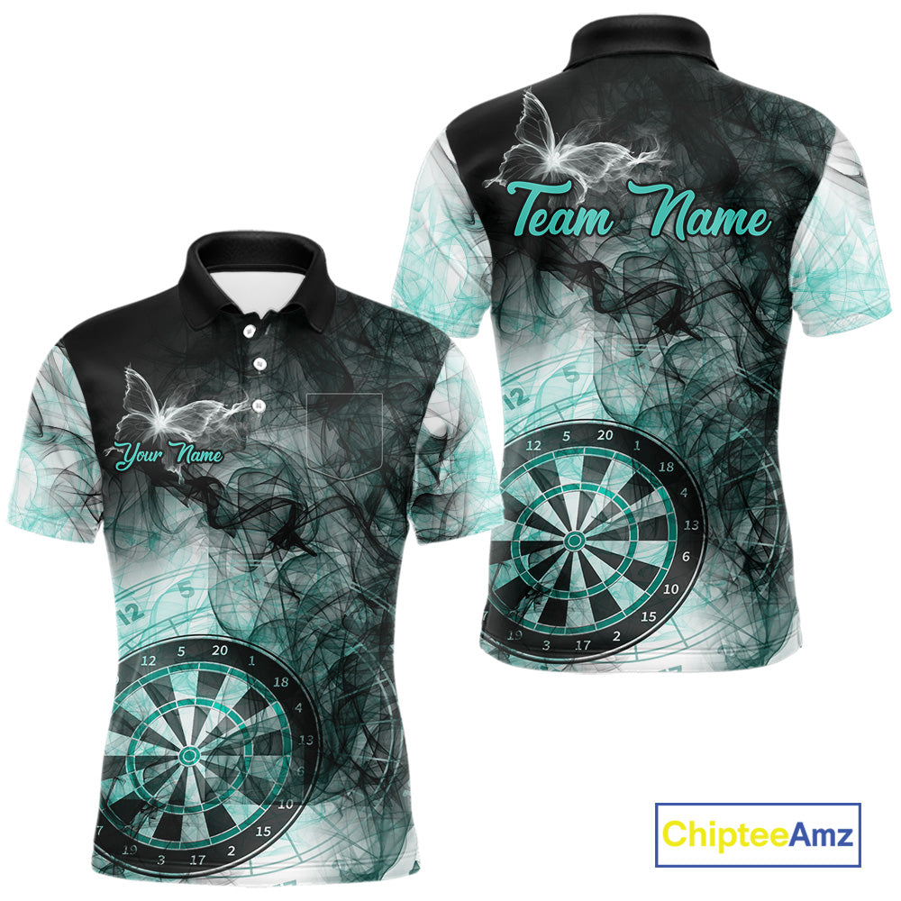 Turquoise butterfly smoke darts polo shirt with left chest pocket for men featuring custom darts team graphics.