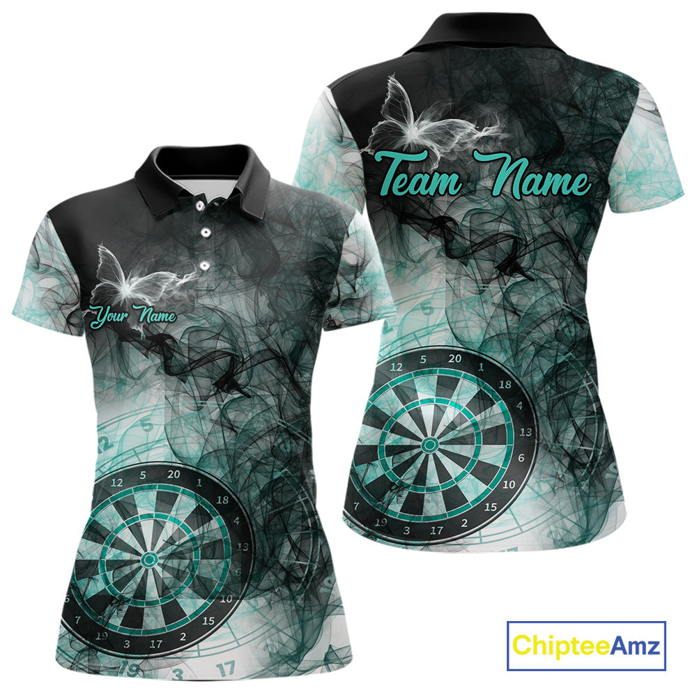 Turquoise butterfly smoke darts polo shirt for women with custom darts team graphics.