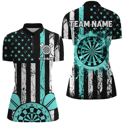 Custom Turquoise Grunge US Flag Patriotic Darts Shirts For Women, Darts Tournament Jersey Retro Style TDM2534