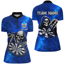 Load image into Gallery viewer, Grim Reaper Custom Blue Dart Shirts For Women, Personalized Name 3D Skull Dart Team Jerseys TDM3018