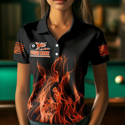 3D Orange Flaming American Flag Women Billiard Shirt Custom Patriotic Pool Player Billiard Jersey TDM3453