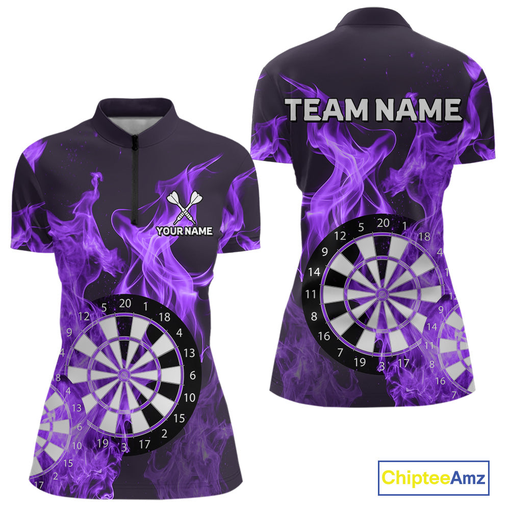 Purple Flaming Dartboard Darts Polo & Quarter Zip Custom Dart Shirts For Women Team Dart Jerseys TDM4230