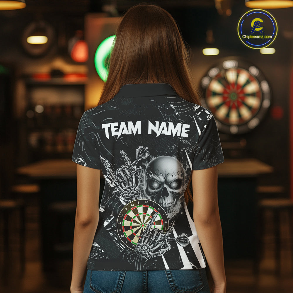 White Black 3D Skull Darts Polo & 1/4 Zip For Women Custom Darts League Team Jersey, Best Darts Gift TDM4828