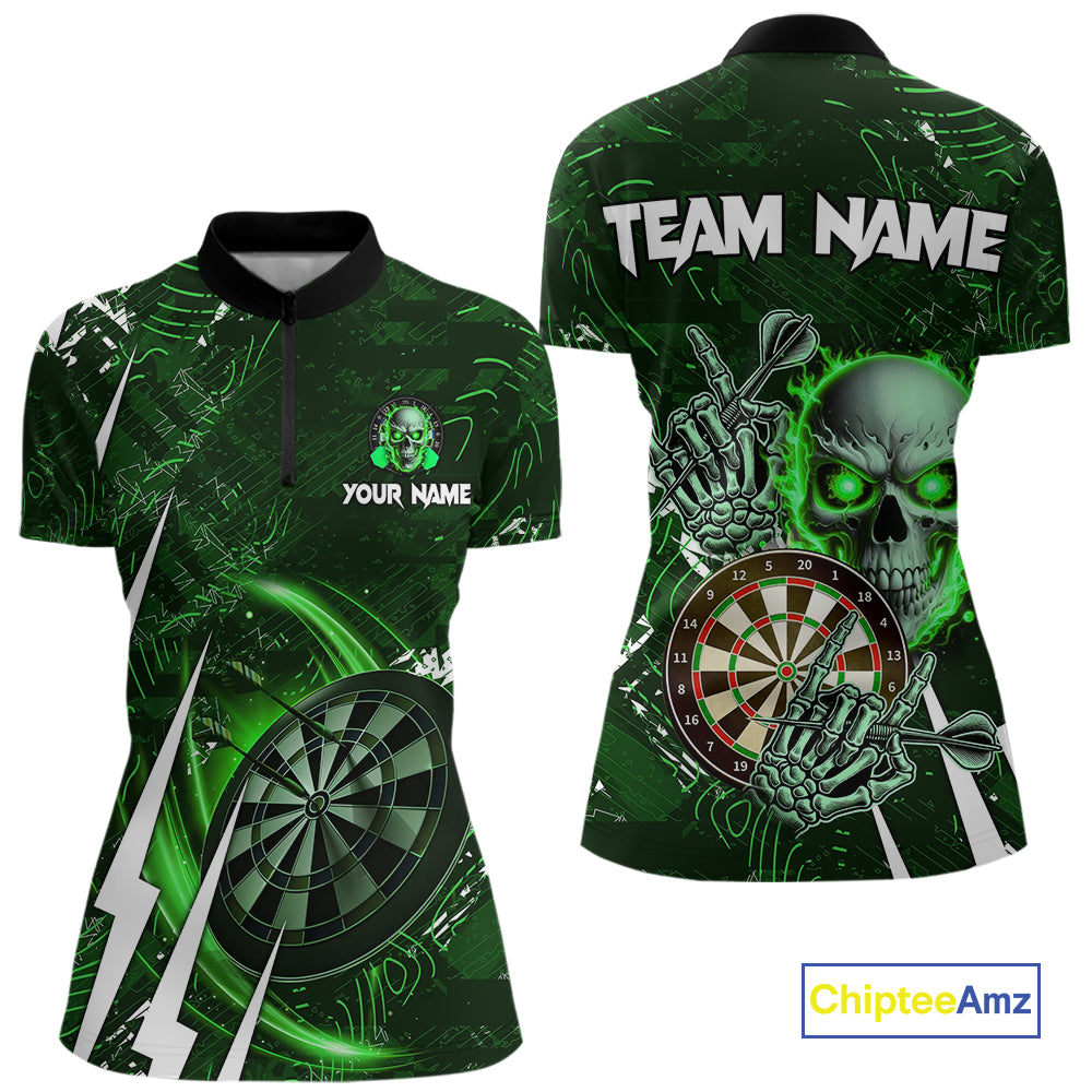 Green 3D Skull Darts Polo & 1/4 Zip For Women Custom Darts League Team Jersey, Best Darts Gifts TDM4829