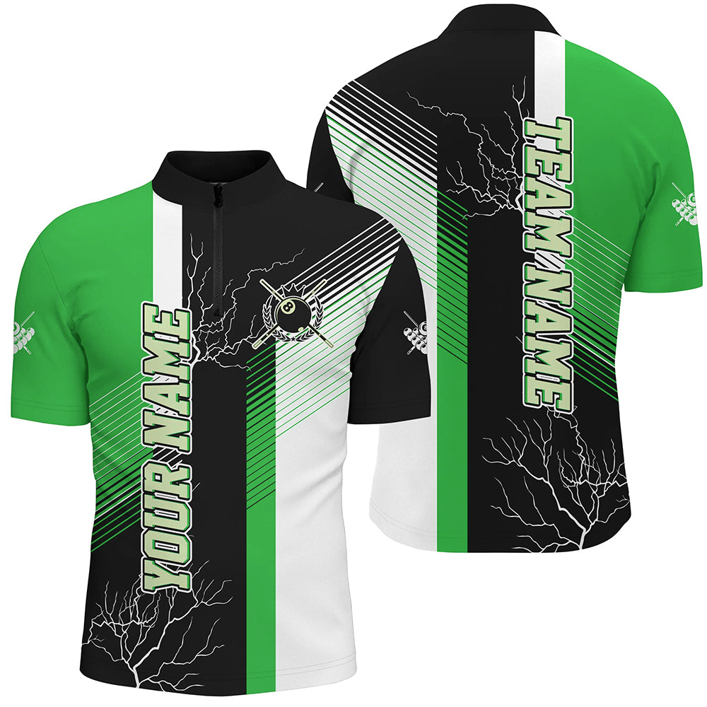 Personalized Black Green Billiard Polo, Quarter Zip For Men Custom 8 Ball Pool Billiard Team Jersey TDM3269