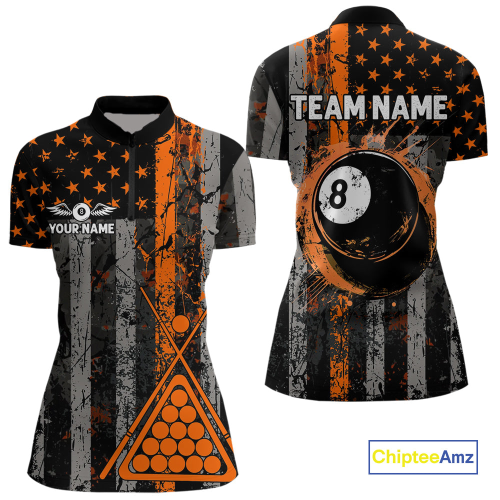 Custom Orange Grunge US Flag Patriotic Billiard Shirts For Women, Retro 8 Ball Pool Billiard Jersey TDM4046