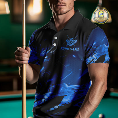 Personalized Blue Fire Flame Dragon 8 Ball Billiard Shirt For Men, Pool Team Jersey Polo & 1/4 Zip TDM4400