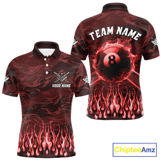 Personalized Red Flaming 8 Ball Pool Fire Billiard Polo Shirt Featuring Dynamic Flame Artwork for Pool League Players, Team Matches, and Tournament Competition