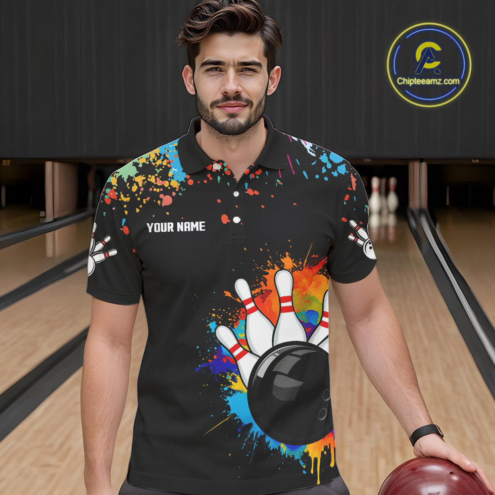 Personalized Colorful Paint Splash Bowling Shirt For Men, Funny Bowling Team Jersey Polo, 1/4 Zip TDM4637