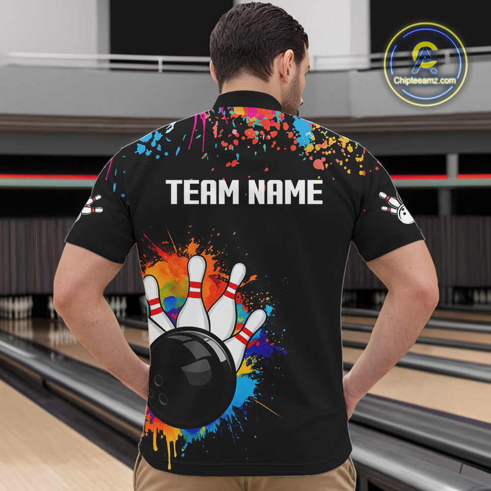 Personalized Colorful Paint Splash Bowling Shirt For Men, Funny Bowling Team Jersey Polo, 1/4 Zip TDM4637