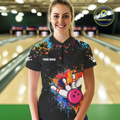 Funny Colorful Bowling Shirt For Women Custom Bowling Team Jersey Outfit Polo & Quarter Zip |Black TDM4638