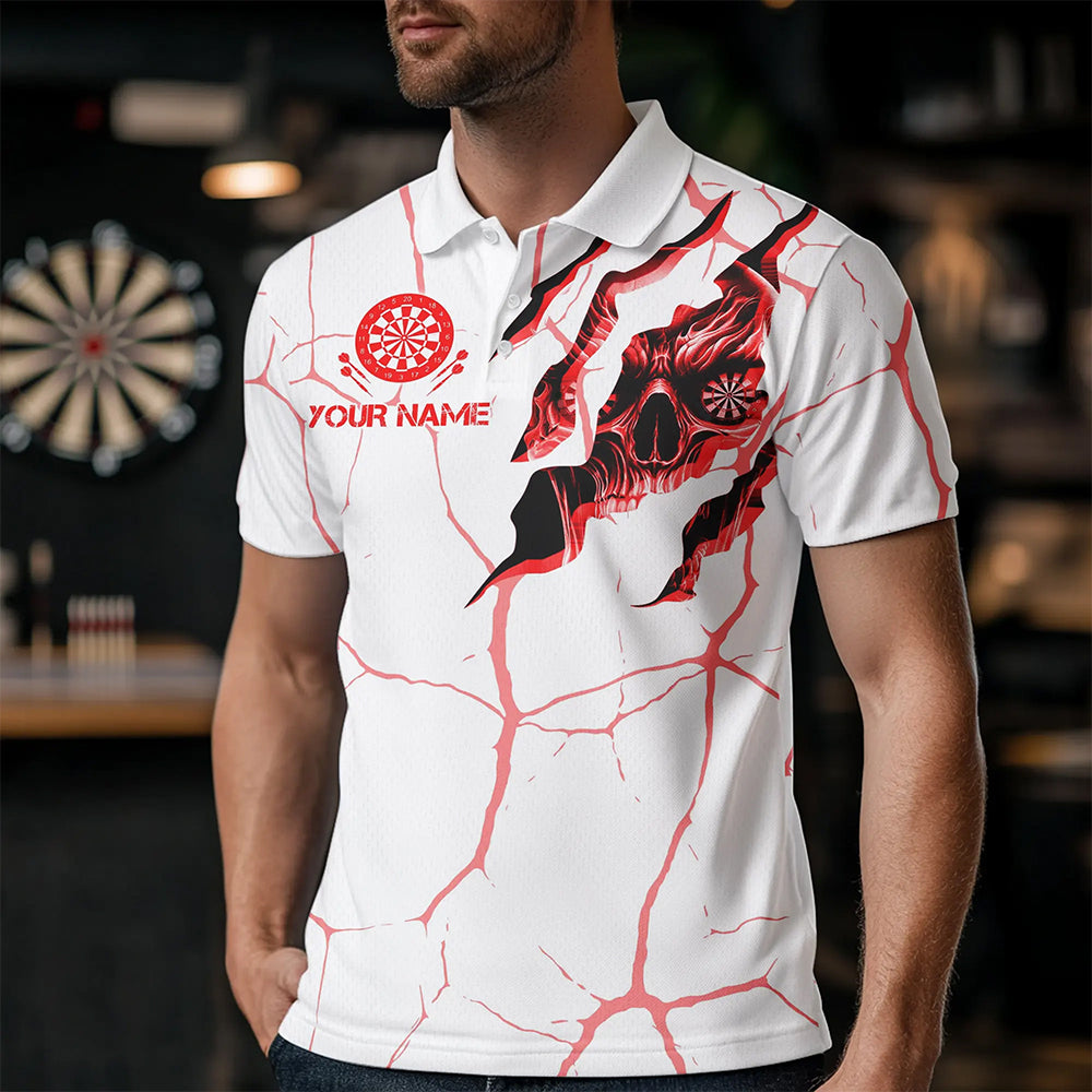 Personalized Skull White Red Grunge Darts Polo & Quarter-Zip For Men Custom Dart Team Jerseys TDM3467