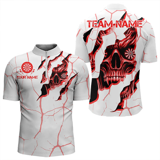 Personalized Skull White Red Grunge Darts Polo & Quarter-Zip For Men Custom Dart Team Jerseys TDM3467