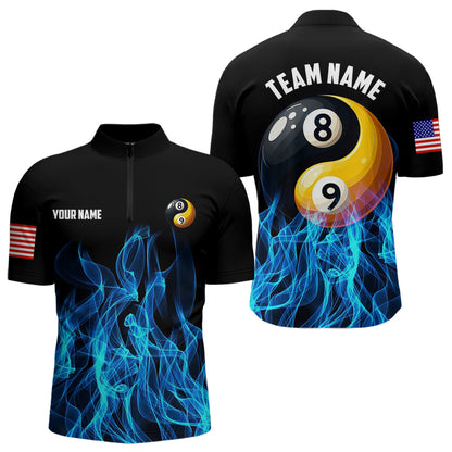 Blue Flaming Ying And Yang 8 Ball & 9 Ball Billiard Shirts For Men Custom Pool Billiard Jerseys TDM3617