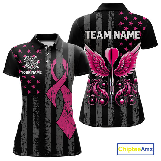 Custom Pink Ribbon Wings Darts Shirt For Women, US Flag Breast Cancer Darts Jersey Polo & 1/4 Zip TDM6377