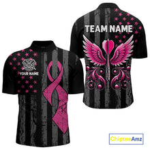 Load image into Gallery viewer, Custom Pink Ribbon Wings Darts Shirt For Men, US Flag Breast Cancer Darts Jersey Polo &amp; 1/4 Zip TDM6377