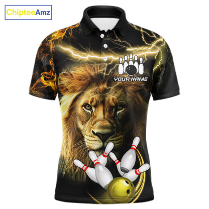 Personalized yellow lightning thunder lion bowling team jersey polo shirt for men featuring a fierce lion with yellow lightning artwork, premium custom bowling team apparel.