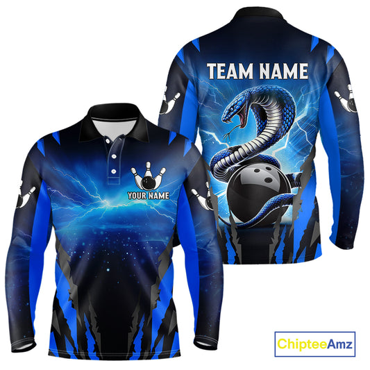 Personalized Blue Thunder Lightning Cobra Snake Bowling Shirts For Men, Bowling Team Jersey TDM4643