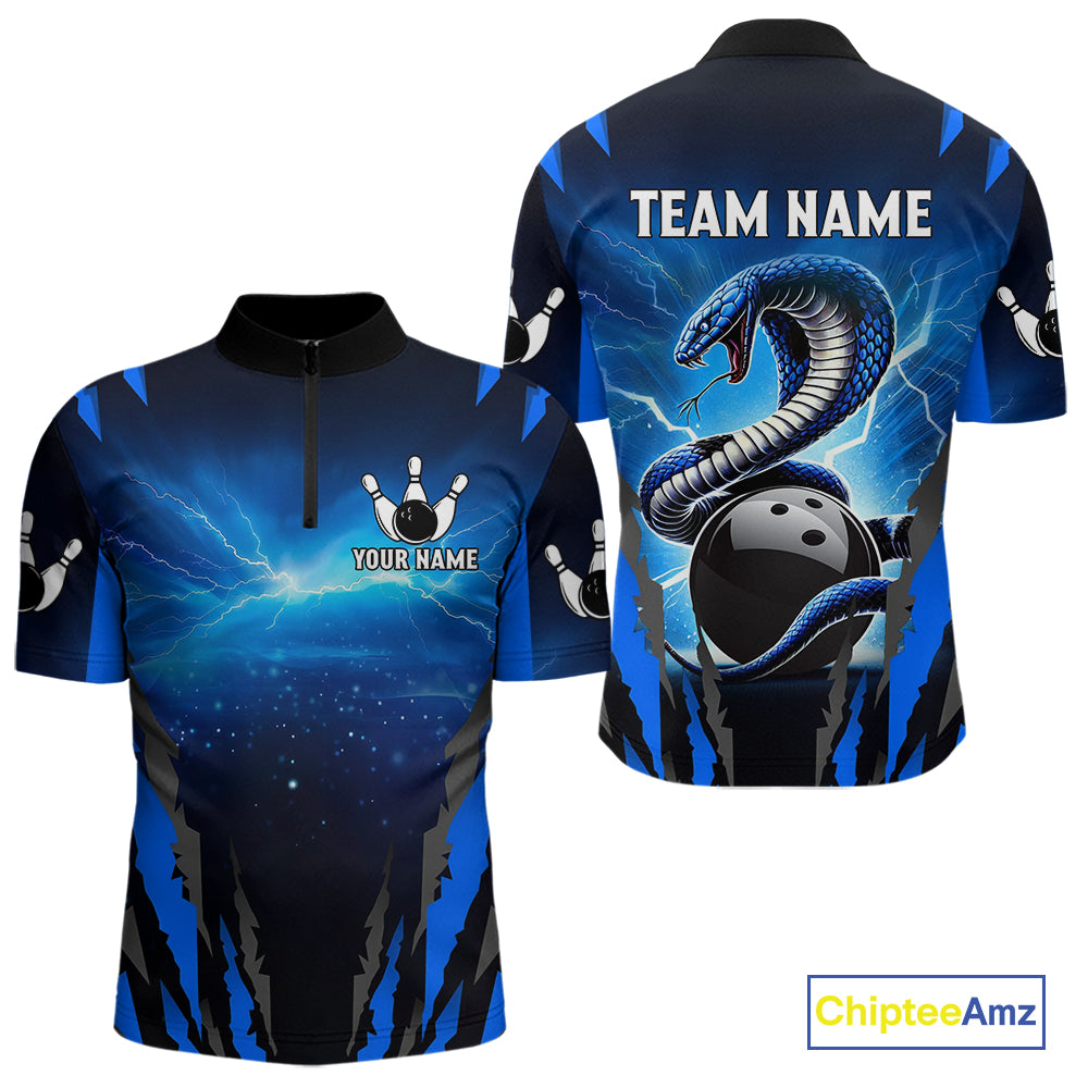 Personalized Blue Thunder Lightning Cobra Snake Bowling Shirts For Men, Bowling Team Jersey TDM4643