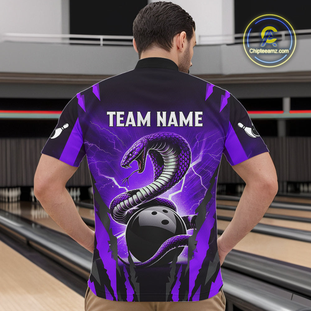 Personalized Purple Thunder Lightning Cobra Snake Bowling Shirts For Men, Bowling Team Jersey TDM4645