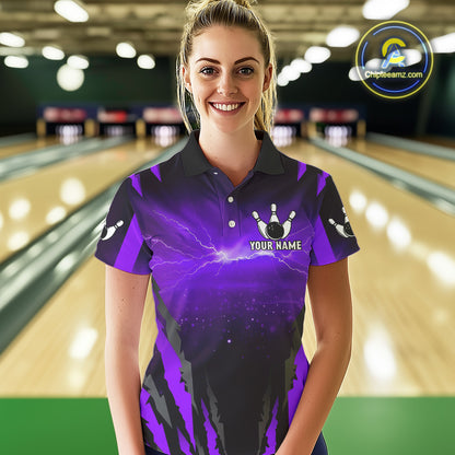 Purple Thunder Lightning Custom Wolf Bowling Shirts For Women, Bowling Team Jersey Polo & 1/4 Zip TDM4646