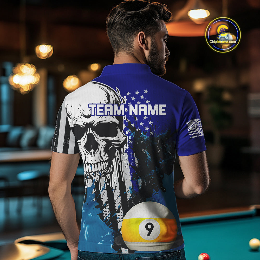 Personalized 8 & 9 Ball Pool Skull Billiard Shirt For Men Custom Grunge Billiard Team Jersey |Blue TDM4648