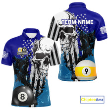 Load image into Gallery viewer, Personalized 8 &amp; 9 Ball Pool Skull Billiard Shirt For Men Custom Grunge Billiard Team Jersey |Blue TDM4648