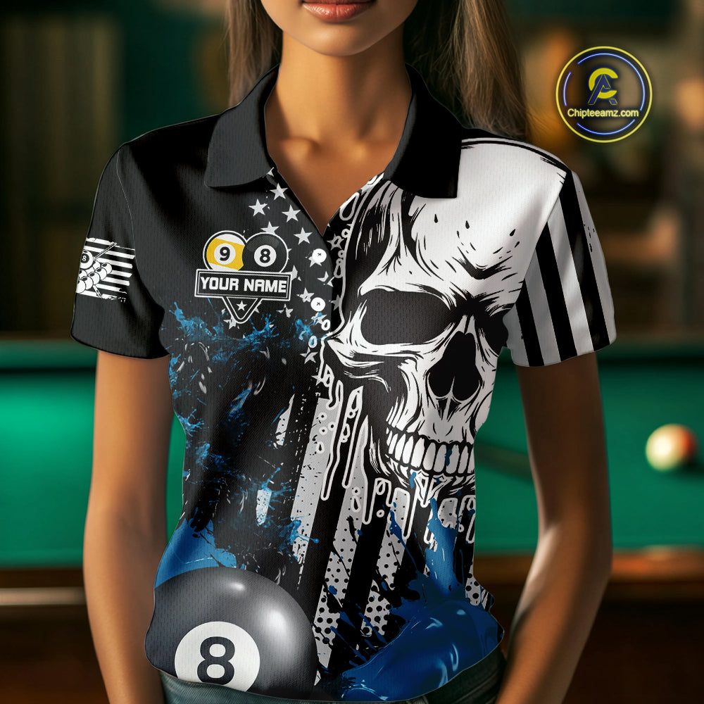 Personalized 8 & 9 Ball Pool Skull Billiard Shirt For Women Custom Grunge Billiard Team Jersey |Blue TDM4649