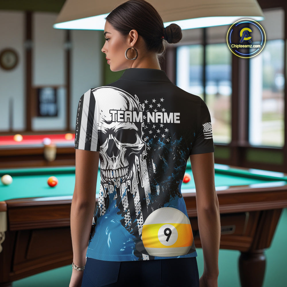Personalized 8 & 9 Ball Pool Skull Billiard Shirt For Women Custom Grunge Billiard Team Jersey |Blue TDM4649